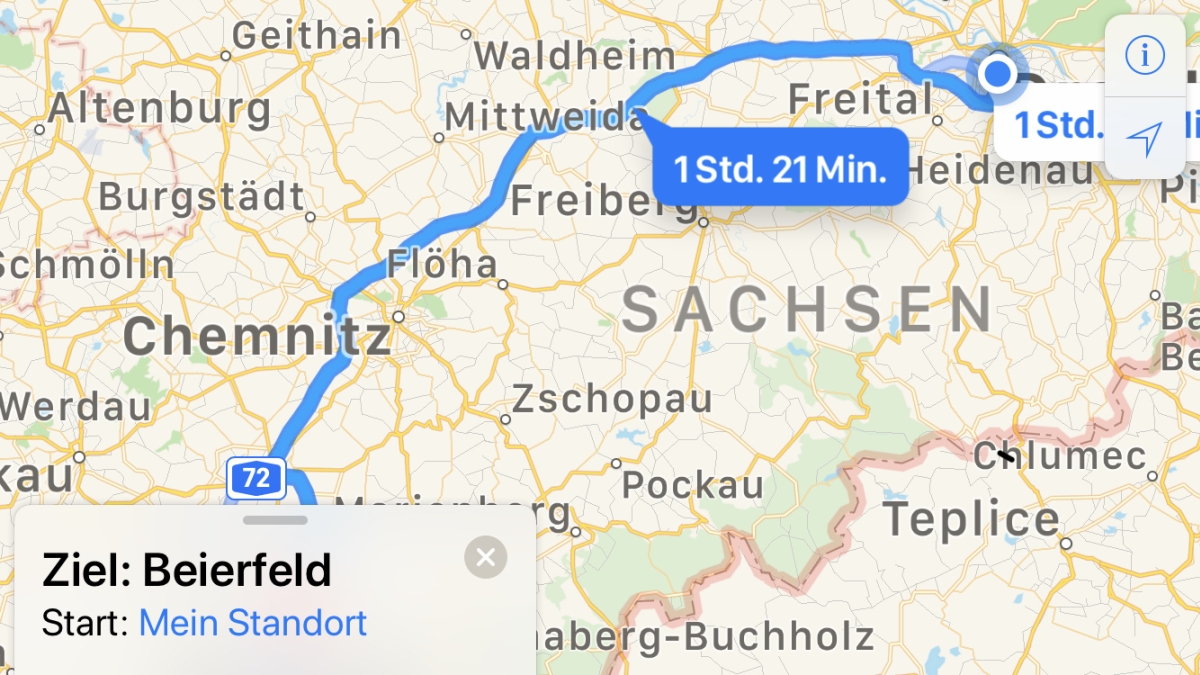 Fahrtroute von Dresden nach Beierfeld